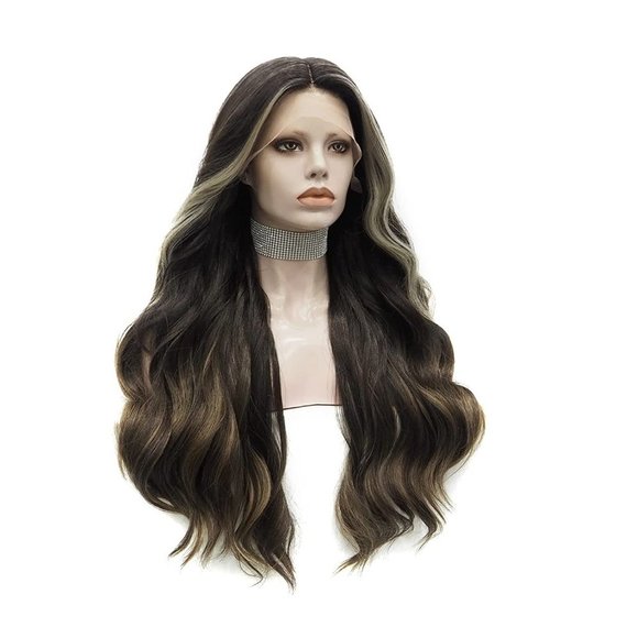 Dark Brown Hair With Blonde Highlights-Long Wavy Lace Front Wig